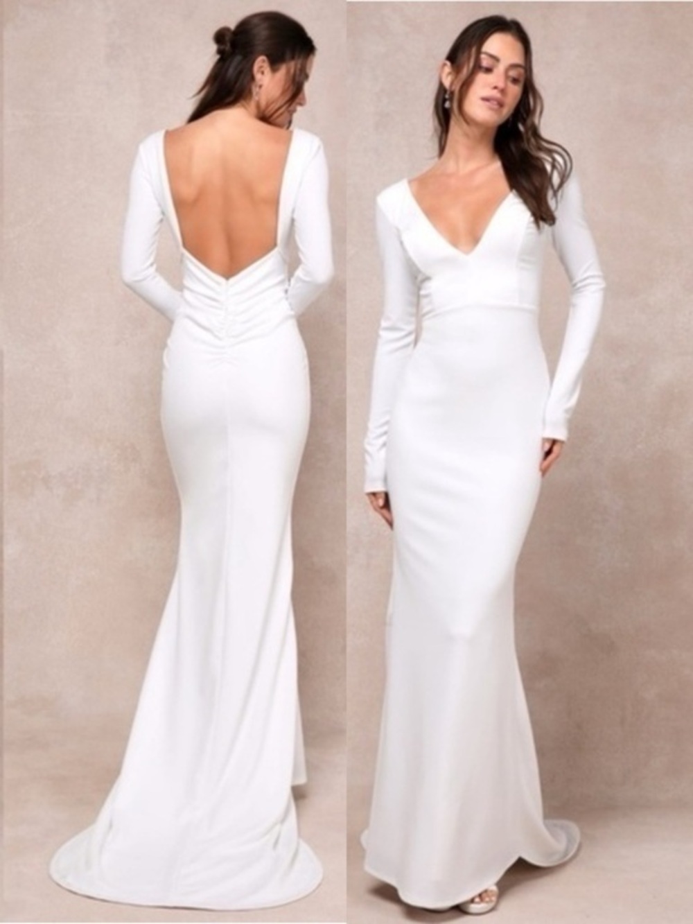 NWT Lulu’s Extravagant Love White Backless Long Sleeve Ruched Maxi Wedding Dress